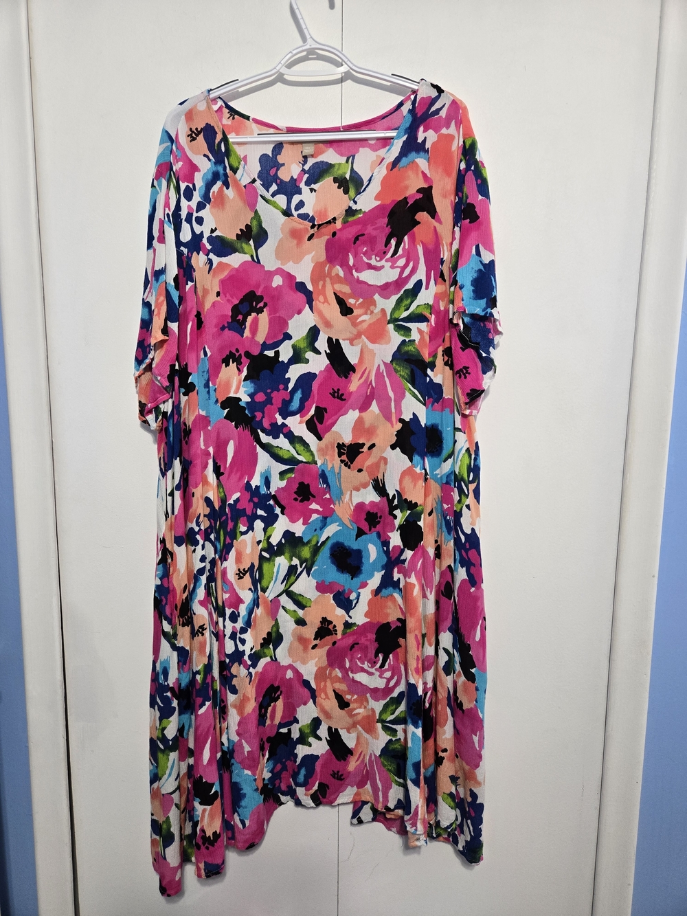Woman Within 28W‎ Floral Midi Dress Pink Blue Rayon Plus Size Boho Casual